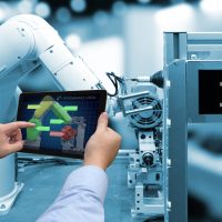 Industry 4.0 concept . Man hand holding tablet with performance check screen software and blue tone of automate wireless Robot arm in smart factory background Industry 4.0 concept . Man hand holding tablet with performance check screen software and blue tone of automate wireless Robot arm in smart factory background